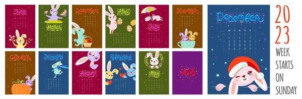 Kalender 2023 mit Kaninchen, Planer-Organisator. Umschläge und 12 Monatsseiten des Hasen-Maskottchen-Symbols des Jahres. die Woche beginnt am Sonntag. vektor