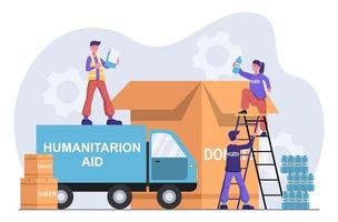 Freiwillige. Freiwilligenorganisation sammelt humanitäre Hilfe für Bedürftige. Freiwilligenarbeit. vektor