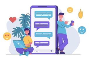 social nätverk. människor sitta på social nät på deras telefoner, skicka chatt meddelanden vektor