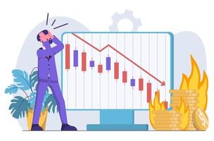 stock marknadsföra krascha. schema droppar, pengar brännskador, affärsman desperat. vektor