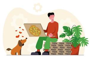 mat leverans. man äter pizza, hans hund frågar för en behandla. vektor