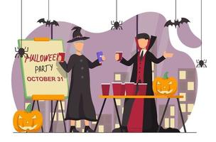 en man klädd som en vampyr och en kvinna klädd som en häxa ha roligt på en halloween fest. platt vektor illustration.