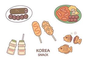 koreanska gata mat. sundae, tteokbokki, varm hund, taiyaki, och yoghurt. vektor