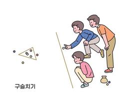 koreanska barndom spel. Pojkar är sammankomst och spelar kulor. koreanska översättning kulor vektor