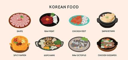 koreanska unik mat. skridsko, rå kött, kyckling fötter, samgyetang, kryddad Ramen, komage, bläckfisk, kyckling krås. vektor