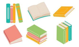 uppsättning av böcker för läsning, litteratur, ordböcker, uppslagsverk, planerare med bokmärken. vektor