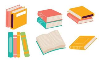 uppsättning av böcker för läsning, litteratur, ordböcker, uppslagsverk, planerare med bokmärken. vektor