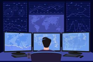 ein mann sitzt nachts am computer, blick von hinten, arbeiten nachts an den monitoren, analytische tätigkeiten im dunkeln, ohne licht. cybersicherheit, händler, geschäft, programmiererkonzept. vektor