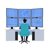ein mann sitzt an einem computer, blick von hinten, arbeit an den monitoren, analytische tätigkeiten. cybersicherheit, händler, geschäft, programmiererkonzept. vektor