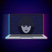 bärbar dator och anonym hacker mask. hacker ikon. vektor illustration med tekniskt fel effekt.