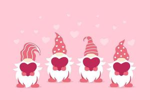 söt valentine gnome med hjärta. valentines dag design. vektor illustration isolerat på rosa bakgrund.