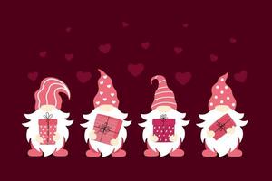 söt valentine gnome med gåva. valentines dag design. vektor illustration isolerat på mörk bakgrund.