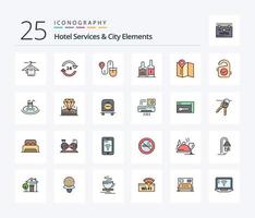 Hotelservices und Stadtelemente 25 Zeilen gefülltes Icon-Pack mit Flaschen. Getränk. Service. Alkohol. Suche vektor