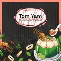 handgezeichneter tom yam der authentische thailändische lebensmittelhintergrund vektor