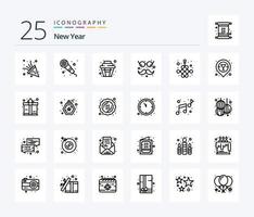 Neujahr 25 Zeilen Icon Pack inklusive Jahr. Knoten. Süss. Chinesisch. Gläser vektor