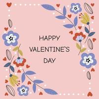 glücklicher valentinstag, 14. februar grußkarte. quadratische Vorlage mit Blumen und Text. Vektor-Illustration auf einem rosa Hintergrund. vektor