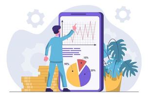 Finanzanalyse. Der Geschäftsmann führt eine Analyse der Indikatoren in der Grafik durch. vektor