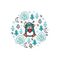 Süßer Baby-Pinguin, der in einem verschneiten Wald singt und tanzt vektor