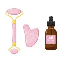 Gesichtsserum und Gua Sha Massagegerät aus Rosenquarz. Beauty-Hautpflege-Routine für zu Hause. hand gezeichnete vektorillustration. vektor