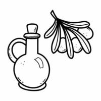 Olivenöl in der Flasche. Oliven auf einem Zweig. Vektor-Doodle-Illustration. skizzieren. vektor