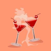 två körsbär Martini cocktails för hjärtans dag. en glas glas med en körsbär och rök från kall is. ett illustration för en fest på ett abstrakt bakgrund. vektor illustration. lämplig för baner