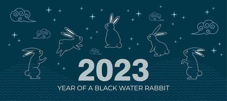 svart vatten kanin kort, kinesisk ny 2023 år symbol, dekoration, inbjudan, kalender omslag, baner för asiatisk ny år, med orientalisk mönster, vatten vågor och kaniner ritningar. vektor