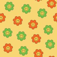 Nahtloses Muster im Retro-Y2K-Stil, gefärbt mit lächelnden Blumen, grünen und orangefarbenen Farben. vektor