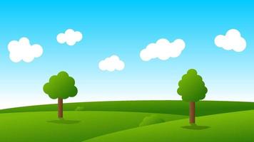 Landschaftskarikaturszene mit grünen Bäumen auf Hügeln und weißer Wolke im Hintergrund des blauen Himmels vektor