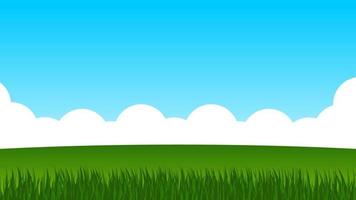 landskap tecknad serie scen. grön fält med vit moln och blå himmel vektor
