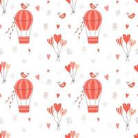 valentinstag nahtloses muster mit fliegendem heißluftballon, vögeln, herzen. Farbvektordarstellung auf weißem Hintergrund. perfekt für Geschenkpapier, Babytextilien vektor