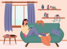Buchkonzept. Eine junge Frau liest ein Buch auf dem Sofa. vektorillustration im flachen stil. vektor