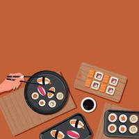 fyrkant bakgrund design med en flicka äter japansk mat, rullar, Ramen soppa för social media. meny, mat begrepp. baner, reklam. vektor