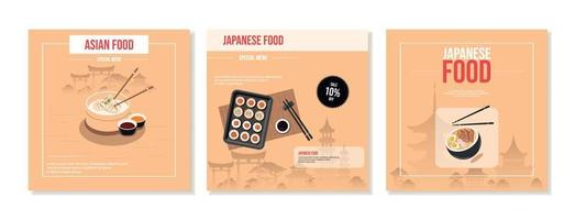 Reihe von quadratischen Social-Media-Beiträgen mit japanischer Architektur, Essen, Brötchen, Ramen-Suppe. Banner, Promo, Rabatt, Verkauf. Vektor