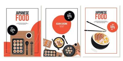 uppsättning av flygblad mönster med rullar, sushi, Ramen soppa. japansk mat, friska mat, asiatisk restaurang, meny. vektor illustration. baner, kampanj, reklam.
