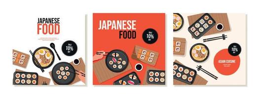 uppsättning av fyrkant inlägg för social media med japansk mat, rullar, Ramen soppa. meny, mat begrepp, restaurang reklam. baner, kampanj, rabatt, försäljning. vektor