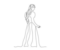 abstraktes Porträt eines Mädchens ohne Gesichter in einem alten langen Kleid, das mit halb gedrehtem Rücken steht, handgezeichnet, durchgehende Monolinie, einzeilige Kunst vektor
