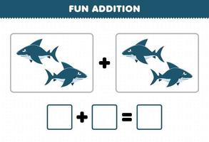 Lernspiel für Kinder, lustige Ergänzung durch Zählen von niedlichen Cartoon-Hai-Bildern, druckbares Unterwasser-Arbeitsblatt vektor