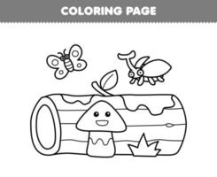 bildungsspiel für kinder malseite mit niedlichem cartoon-käfer und pilz vor holzstammlinie kunst druckbares natur-arbeitsblatt vektor