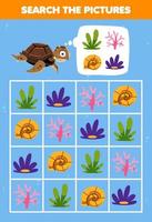 utbildning spel för barn hjälp söt tecknad serie sköldpadda fyrkant de korrekt korall uppsättning bild tryckbar under vattnet kalkylblad vektor