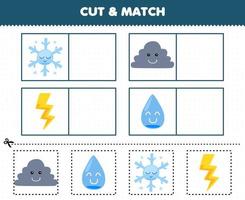 Bildungsspiel für Kinder Schneiden und passen Sie das gleiche Bild des niedlichen Cartoon-Wolken-Schneeflocke-Donner-Wasser-Druckbares Natur-Arbeitsblatt an vektor