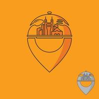 Food-Point-Logo mit Skyline der Stadt vektor