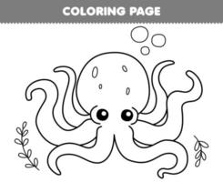 Bildungsspiel für Kinder Malvorlagen von niedlichen Cartoon-Oktopus-Strichzeichnungen zum ausdrucken unter Wasser Arbeitsblatt vektor