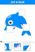 Lernspiel für Kinder Schneiden und kleben Sie ausgeschnittene Teile des niedlichen Cartoon-Delfins und kleben Sie sie druckbares Unterwasser-Arbeitsblatt vektor