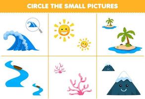 Bildungsspiel für Kinder Kreisen Sie das kleine Bild des niedlichen Cartoon-Wellen-Sonneninsel-Fluss-Korallenberg-Natur-Arbeitsblattes zum Ausdrucken ein vektor