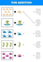 Lernspiel für Kinder Spaß beim Zählen und fügen Sie eine weitere Cartoon-Sandinsel-Wellen-Algen-Koralle hinzu und wählen Sie dann das richtige Zahlen-Natur-Arbeitsblatt vektor
