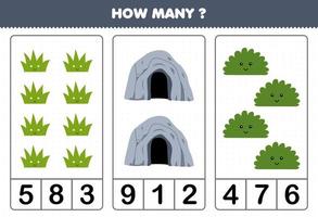 Bildungsspiel für Kinder, die zählen, wie viele niedliche Cartoon-Grashöhlenbusche druckbares Naturarbeitsblatt sind vektor