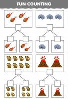 utbildning spel för barn roligt räkning bild i varje låda av söt tecknad serie meteor rök fossil vulkan tryckbar natur kalkylblad vektor