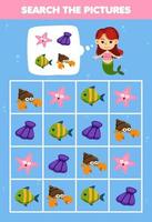 Lernspiel für Kinder Helfen Sie der niedlichen Cartoon-Meerjungfrau, das richtige Tier-Set-Bild zu finden. Druckbares Unterwasser-Arbeitsblatt vektor