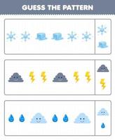 Lernspiel für Kinder Erraten Sie das Muster jeder Reihe aus dem Arbeitsblatt Natur der niedlichen Cartoon-Schneeflocke, Eiswolke, Donnerwasser, zum Ausdrucken vektor