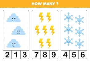 Bildungsspiel für Kinder, die zählen, wie viele niedliche Cartoon-Wolken-Donner-Schneeflocken-Natur-Arbeitsblätter zum Ausdrucken sind vektor